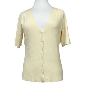 Ann Taylor Pale Yellow Silk Blend V-Neck Button Front Top Half Sleeve Sz M